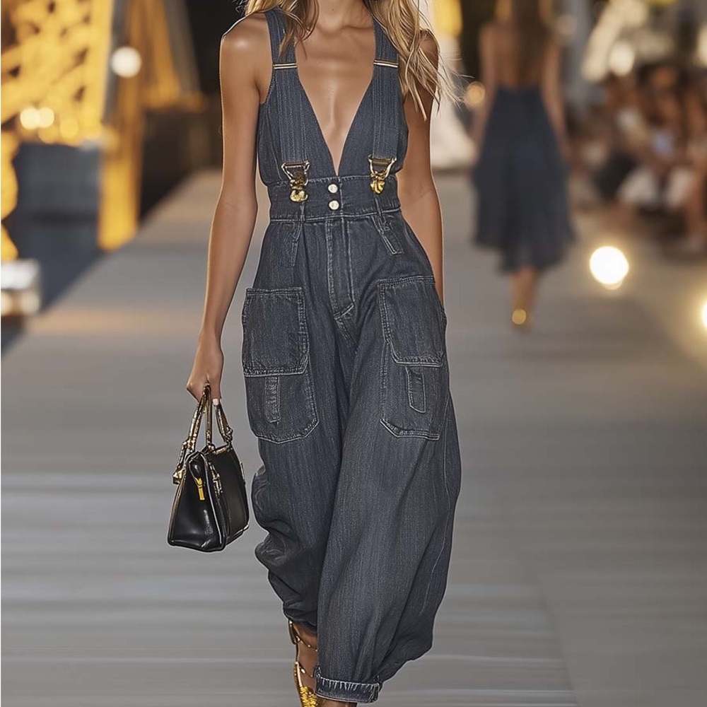 V-neck Denim Jumpsuit